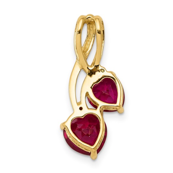 14k Yellow Gold Lab Created Ruby & Diamond Double Heart Necklace Charm Pendant - Picture 3 of 3